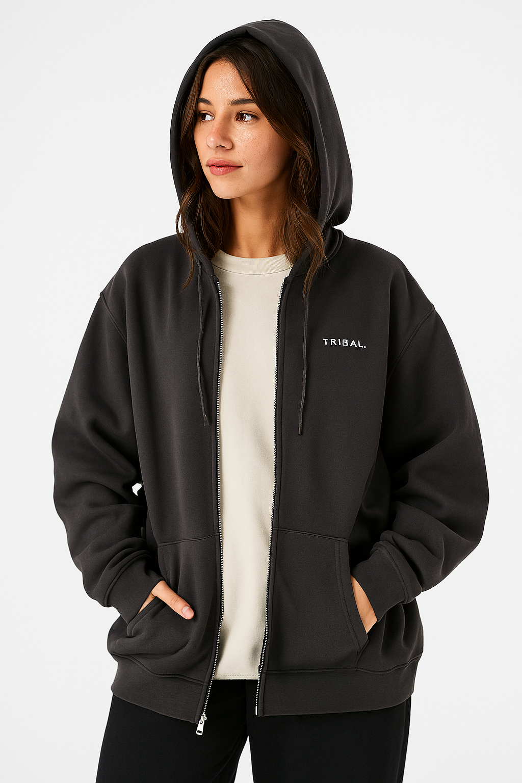 Drop Shoulder Zip-up- Black